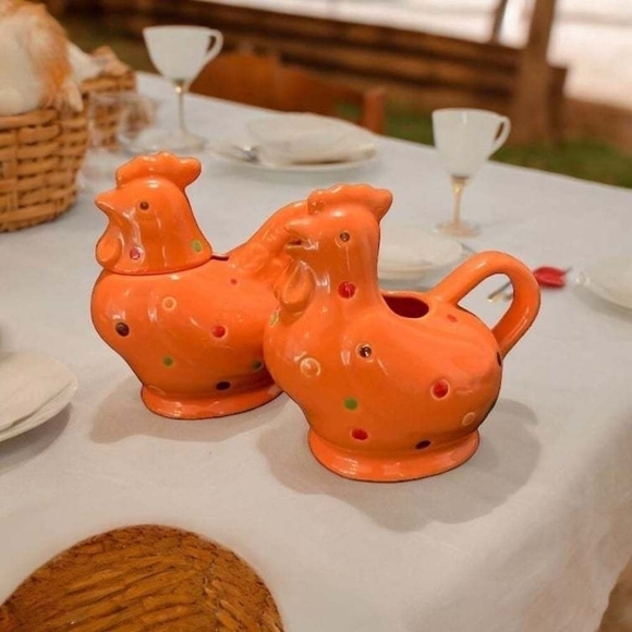 Temp-Tations Other - Teatime Set Temptations Orange Polka Dot Chicken Rooster Creamer & Sugar Pot Set